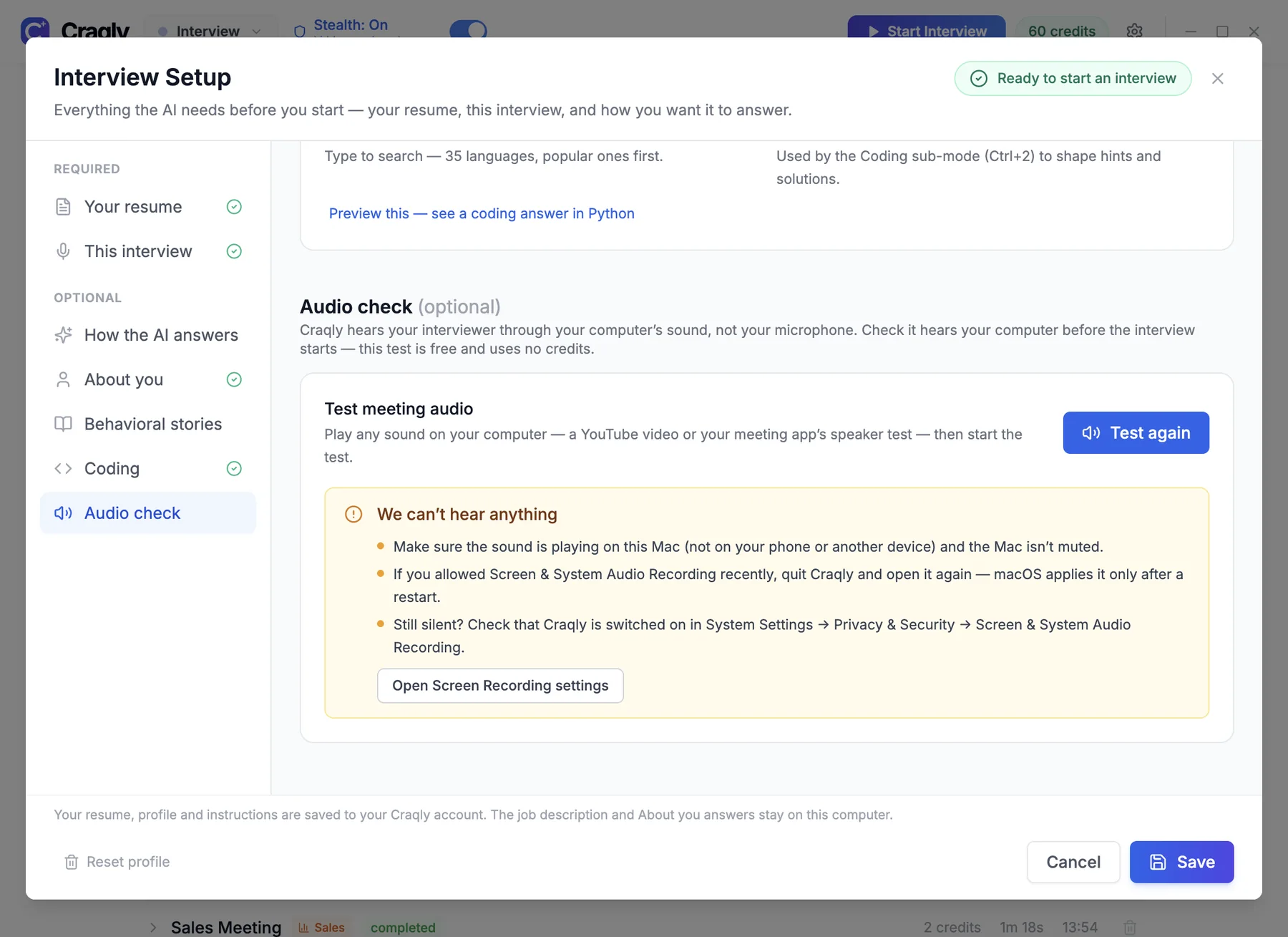 Audio check result: We can't hear anything, with tips to fix it
