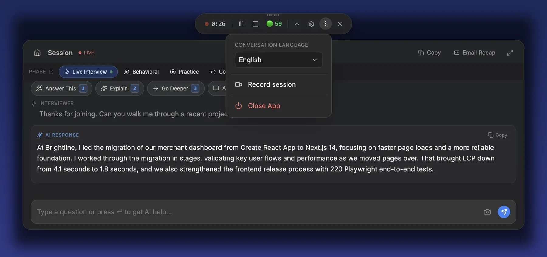 The toolbar menu open on Conversation language: English