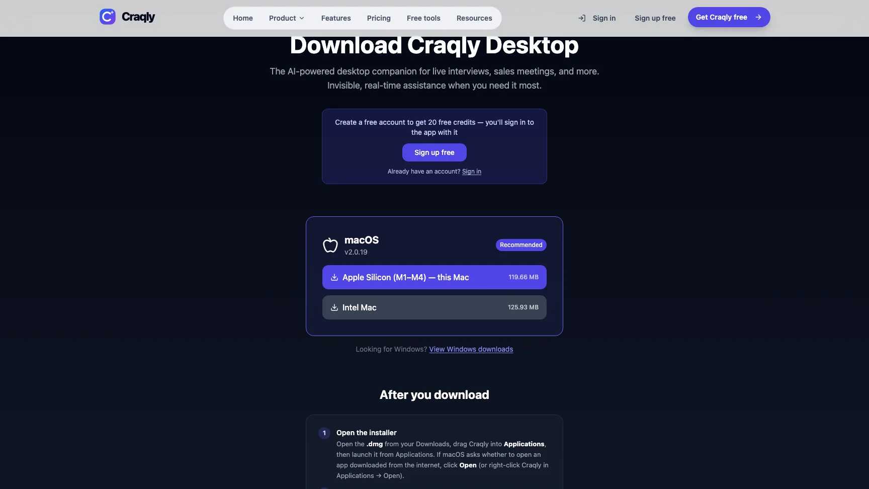 The craqly.com download page with the Mac build buttons