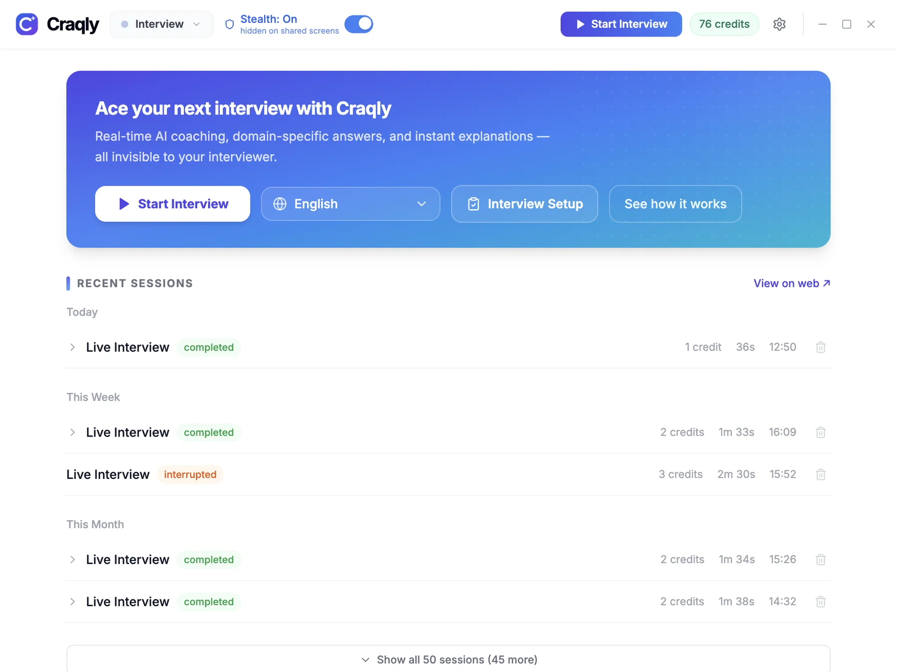 The Craqly home screen with Start Interview, Interview Setup and recent sessions