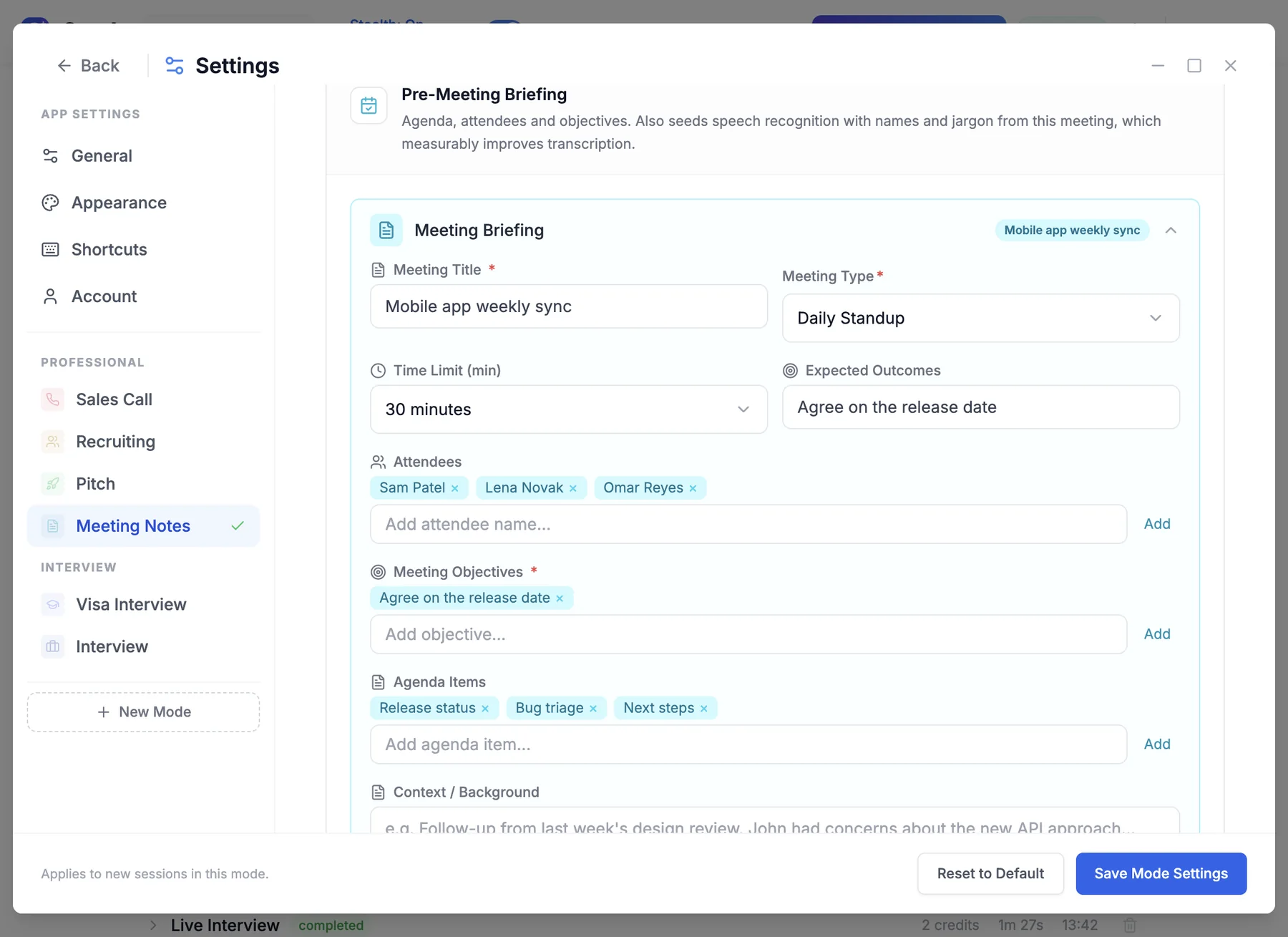 Craqly Settings, Meeting Notes, Pre-Meeting Briefing with title, meeting type, attendees, objectives and agenda