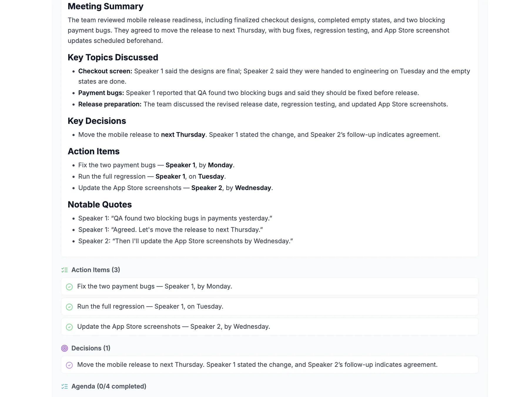 Recent sessions in the desktop app with a meeting opened: Meeting Summary, Key Topics, Key Decisions, Action Items and Notable Quotes