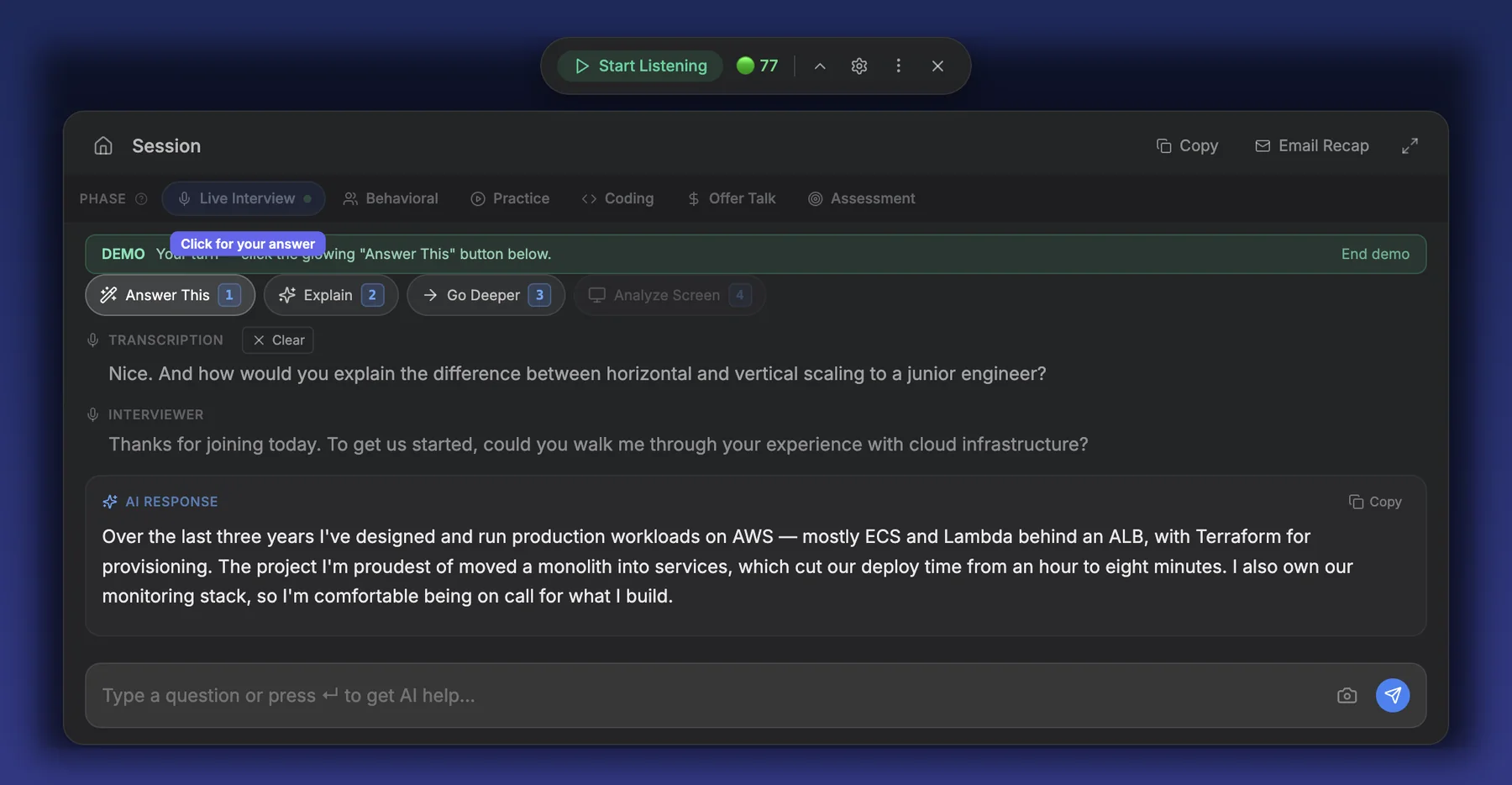 The demo session showing a sample question and Craqly's answer