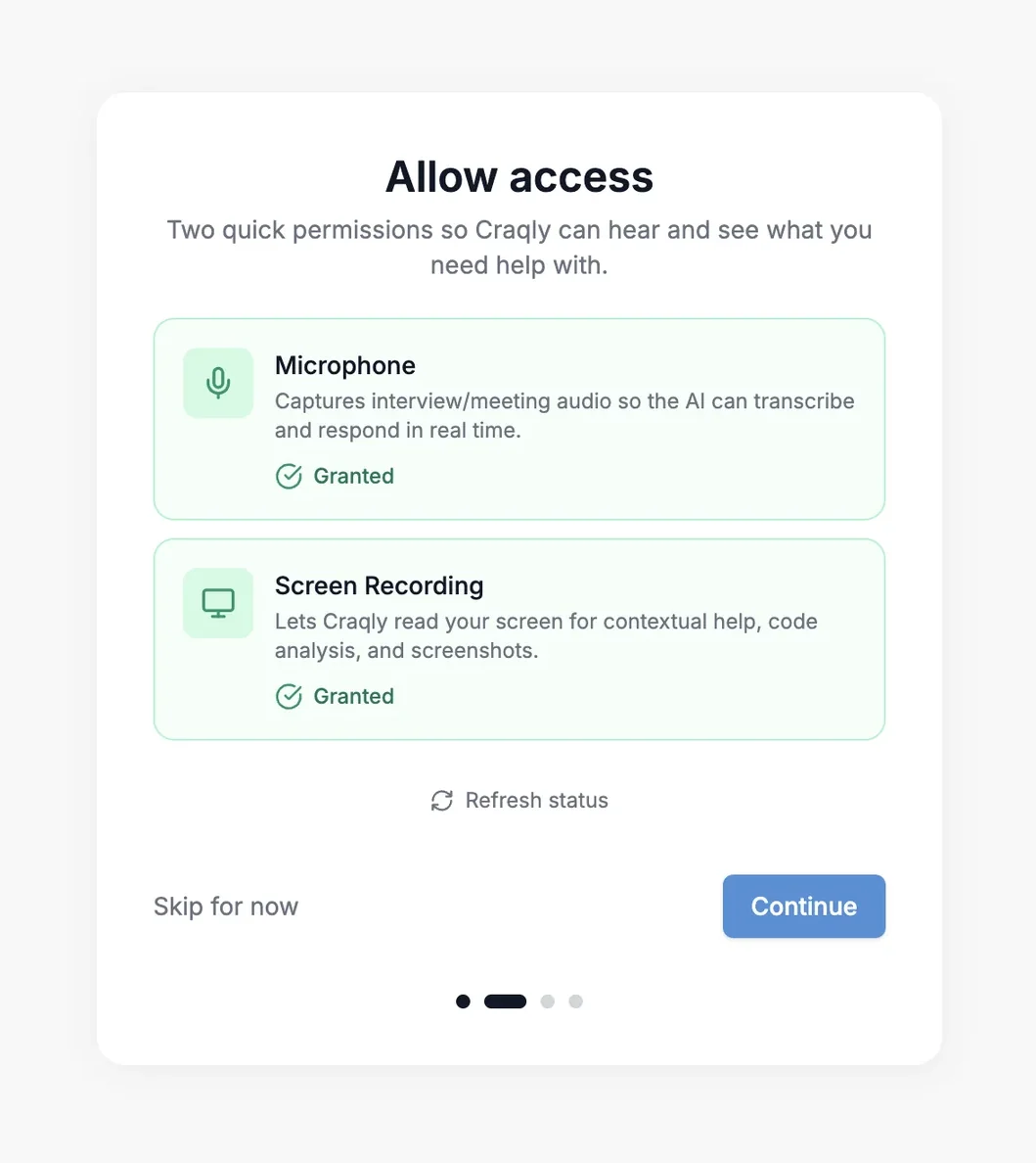 The Allow access screen with Microphone and Screen Recording both granted