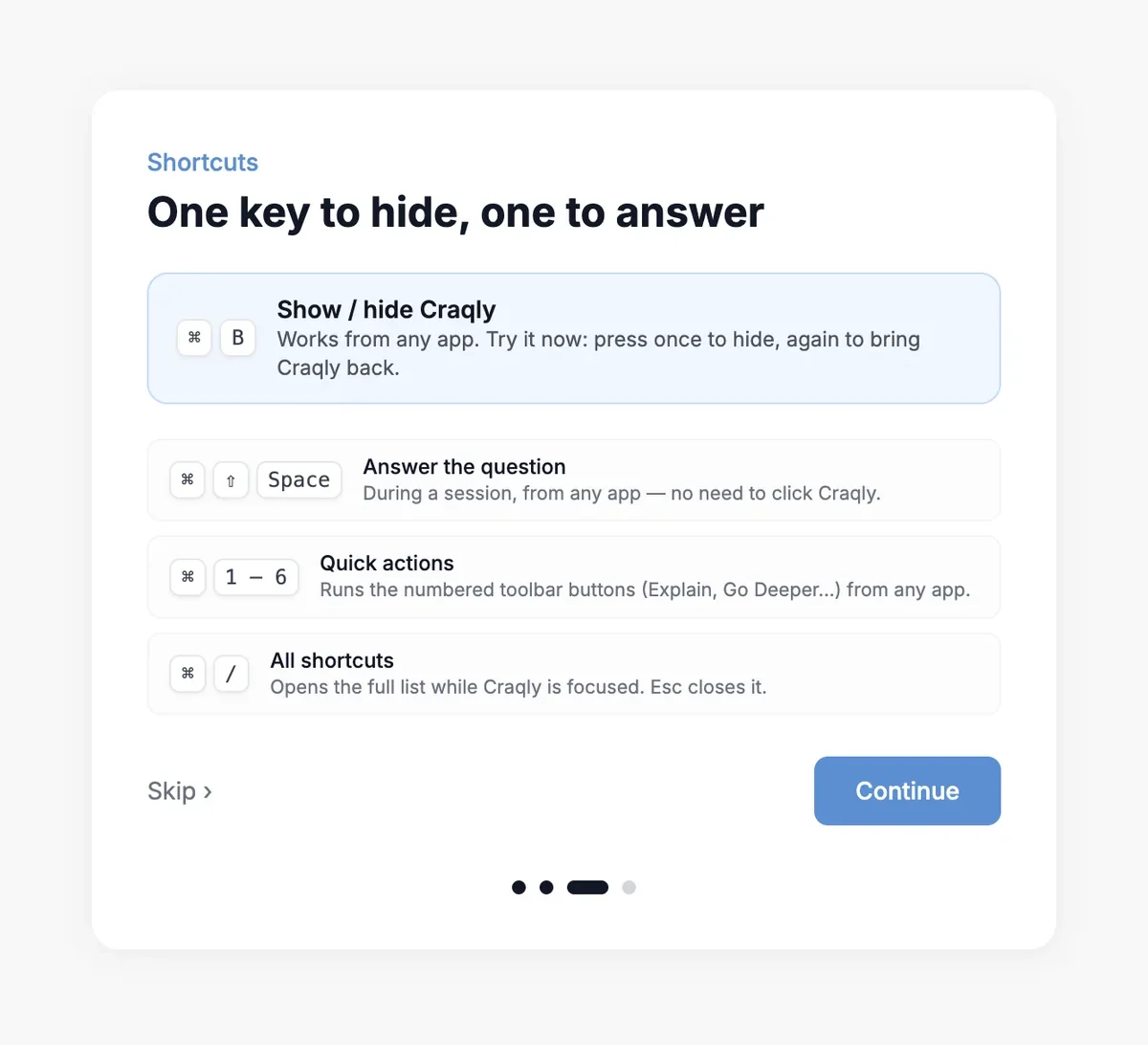The shortcuts step: hide and show, answer, quick actions and all shortcuts