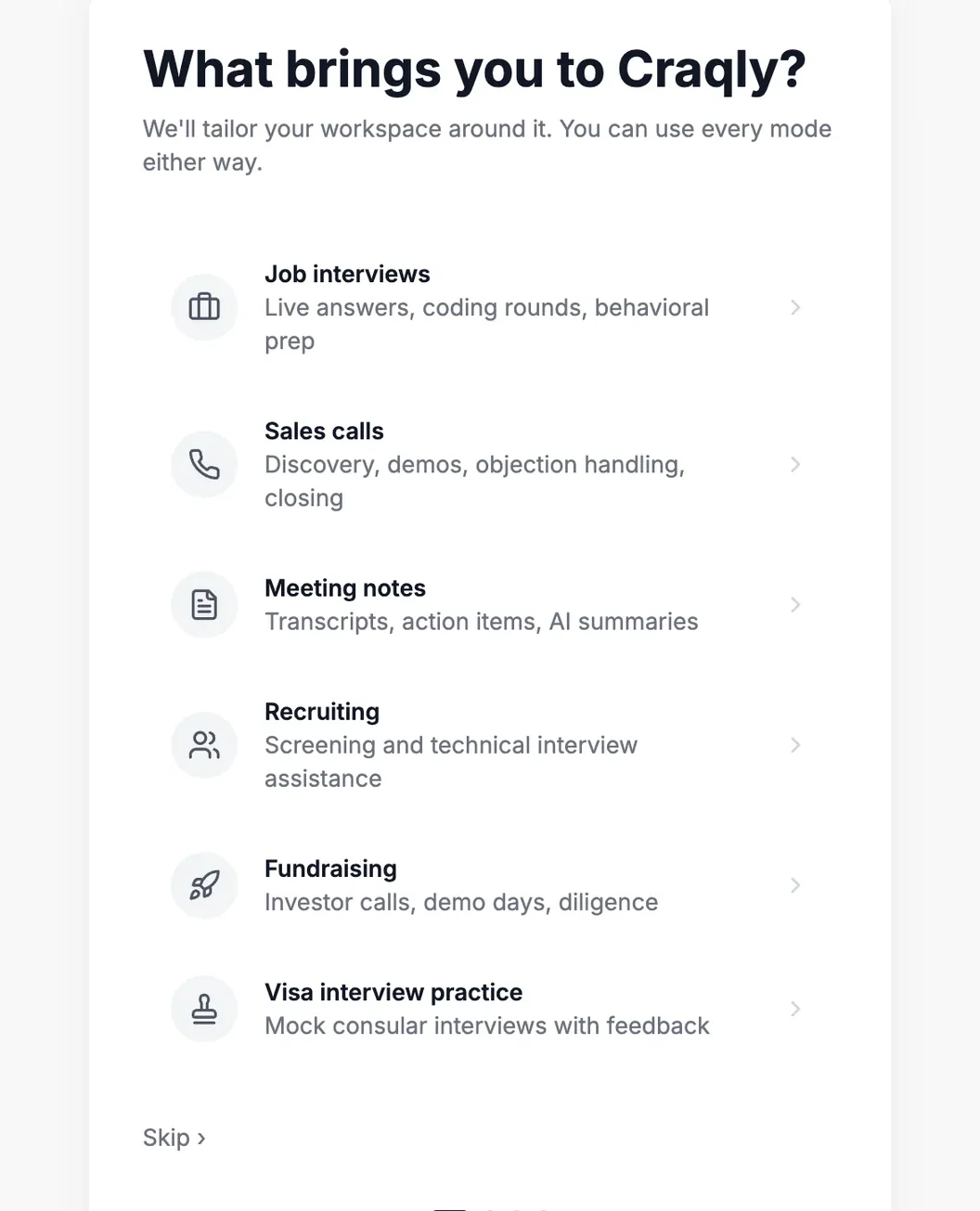 The What brings you to Craqly screen listing six use cases