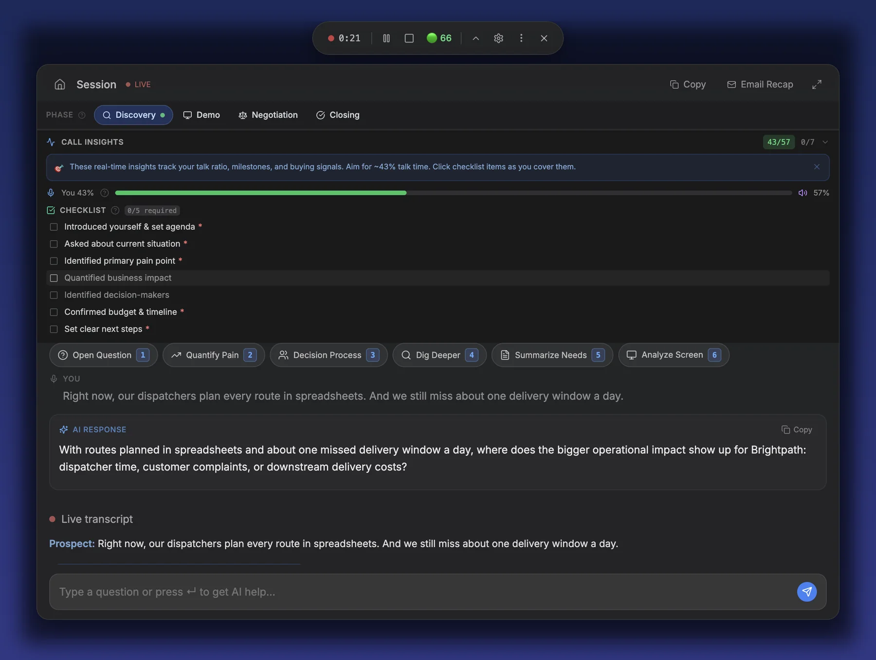 Live sales call: call insights with talk-time share and a phase checklist, and a suggested next question