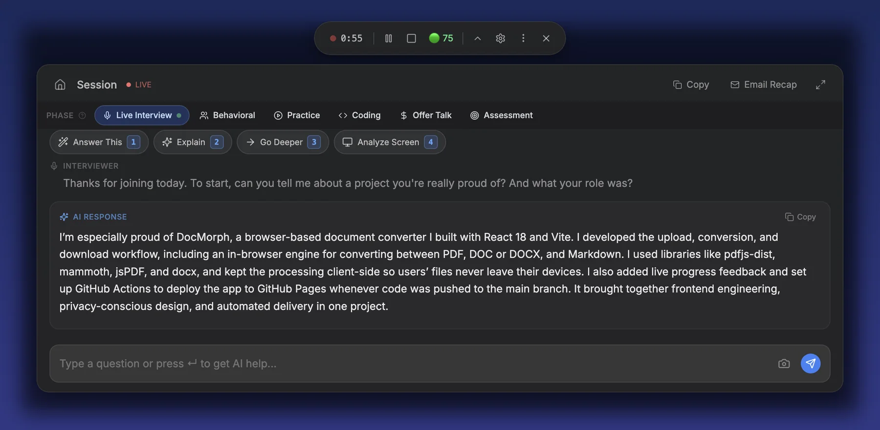 Craqly session window during a live interview: the interviewer's question under INTERVIEWER and Craqly's answer under AI RESPONSE, with Answer This, Explain, Go Deeper and Analyze Screen along the top