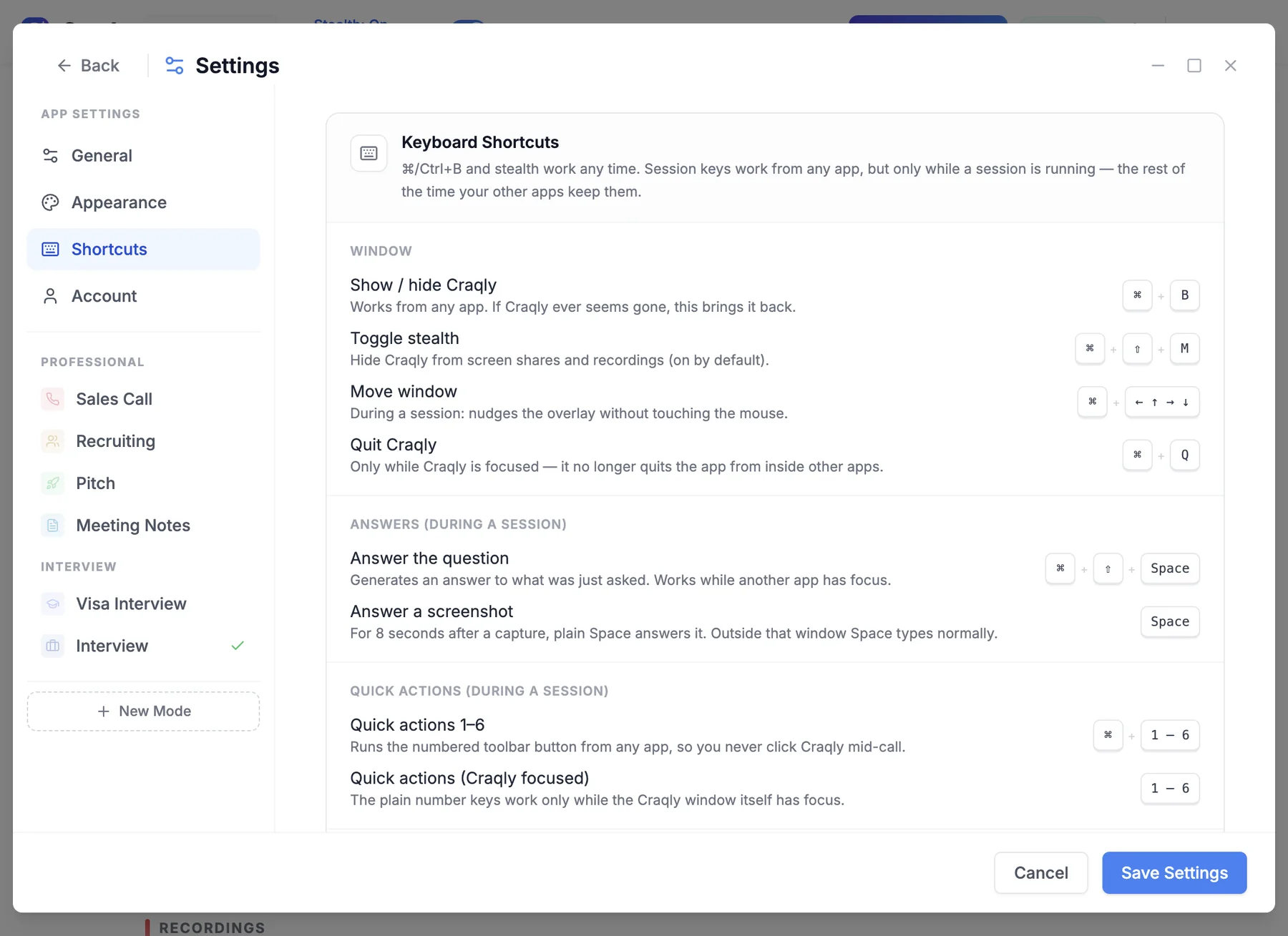 Craqly Settings, Shortcuts tab, listing every keyboard shortcut with the option to change it