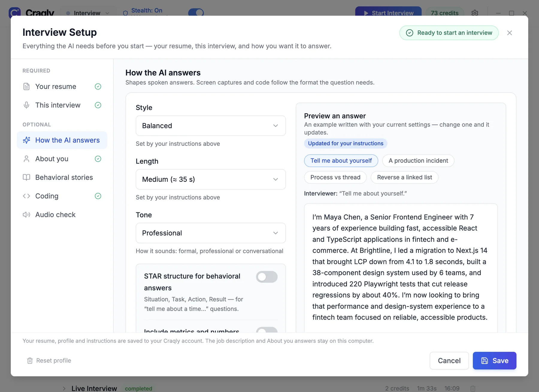 Interview Setup on How the AI answers: style, length, tone, STAR and a live answer preview