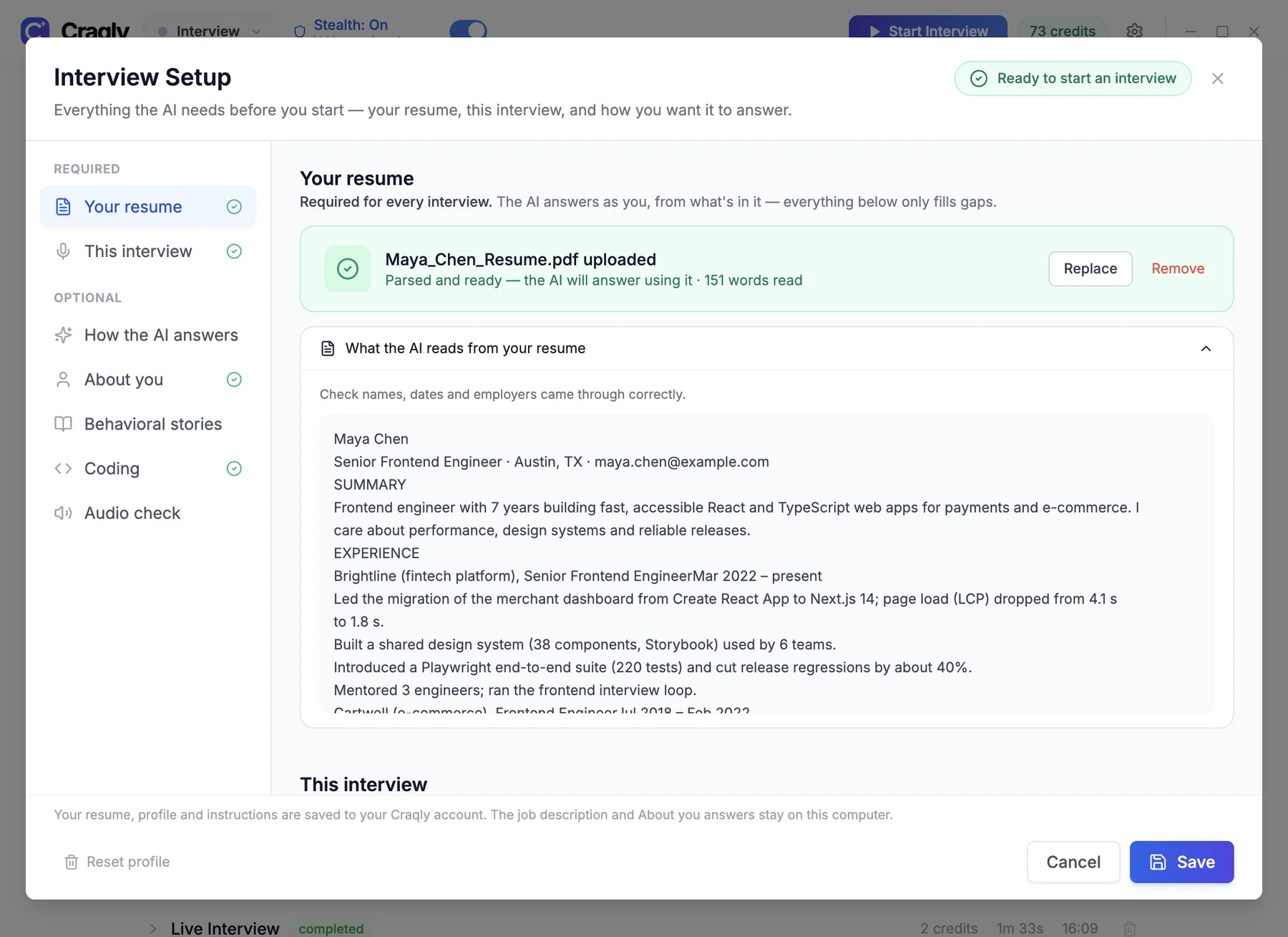 Interview Setup on Your resume: the uploaded resume and the text the AI reads from it