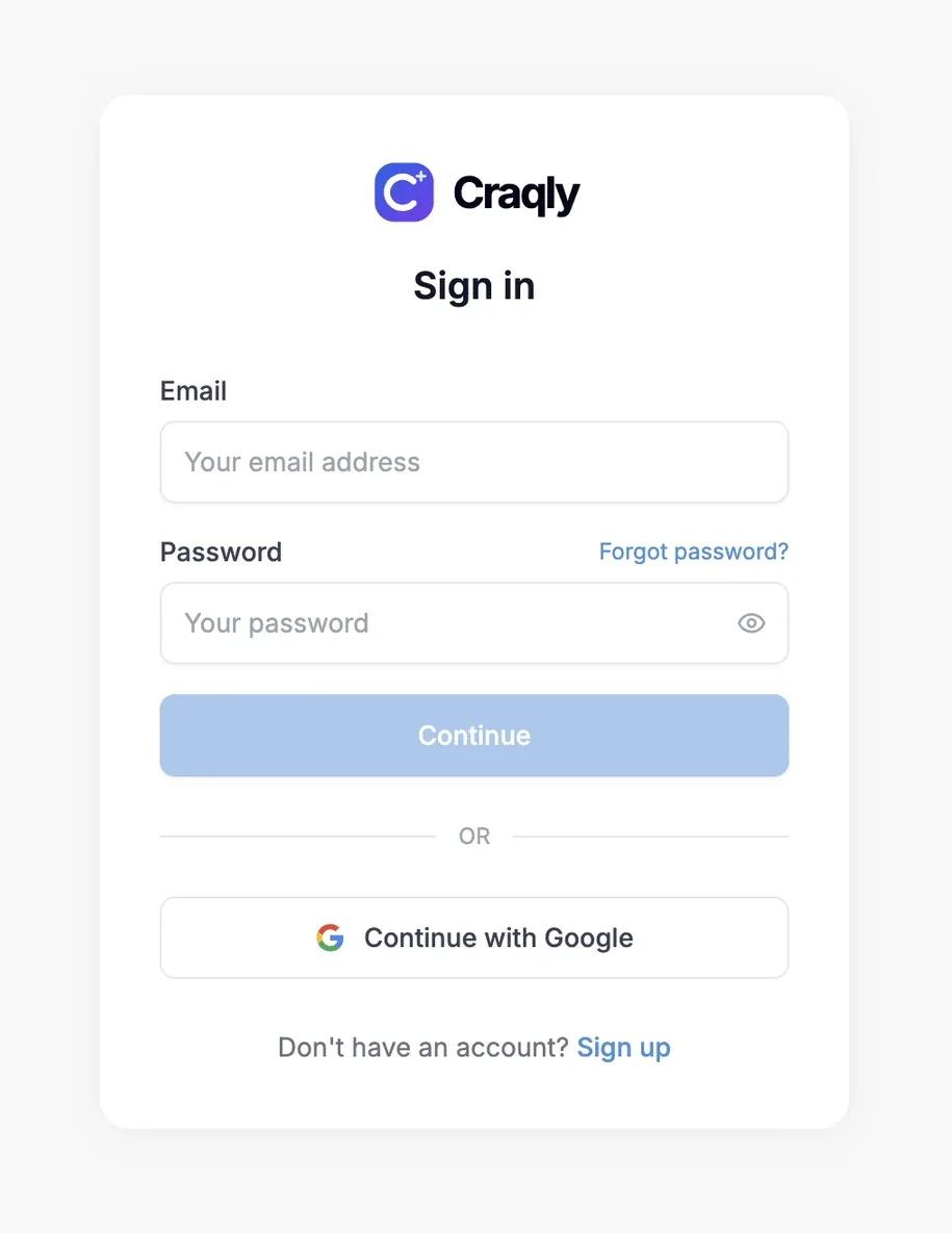 The Craqly sign-in screen with email, password and Continue with Google