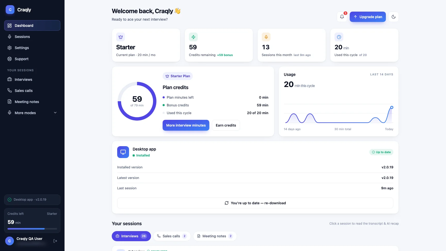 Craqly web dashboard listing recent sessions with type, duration and credits used, alongside plan and remaining credits