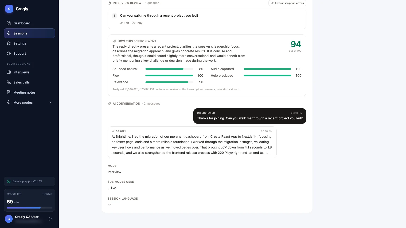 Craqly web dashboard session detail showing duration, credits used, the full transcript and the AI conversation from a completed session